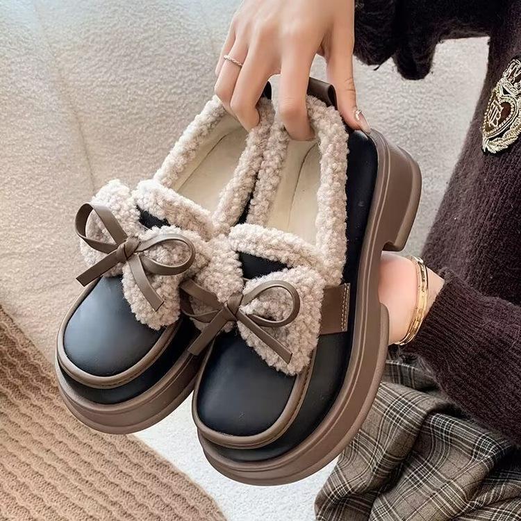 JK school girl velvet small leather shoes winter new non-slip Doudou shoes retro bow loafer cotton shoes