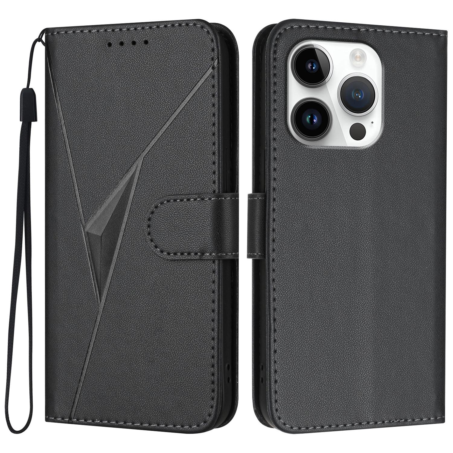 

YX0090 Чехол для iPhone 16 Pro Кожаный чехол для телефона с тиснением в виде треугольника и шнурком Black