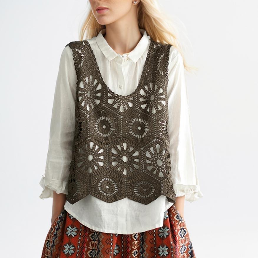 

Футболка женская трикотажная кружевная жилетка с круглым вырезом ажурная летняя стильная базовая футболка свободная одежда One Size кофейный