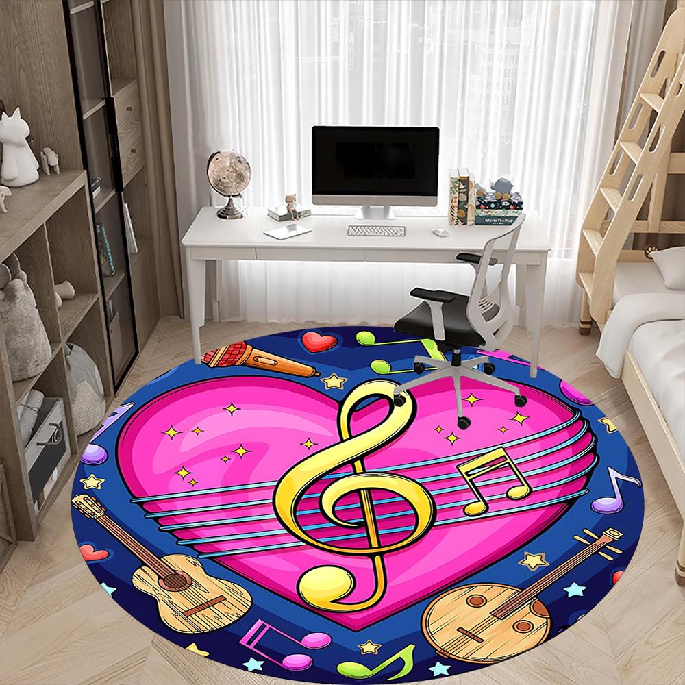 1pc Musical Notes Chair Carpet for Office, Round Polyester Mat, Indoor Decor for Office, Washable Non-slip Carpet yy251219105