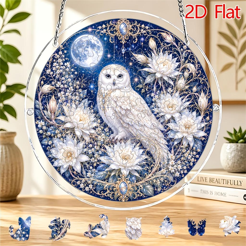 2D Flach, 2D Flacher Acryl-Sonnenfänger, Mondnacht Weißer Eulen-Themen-Sonnenfänger, Haus- und Gartendekoration, Geschenk für Weihnachten, Thanksgiving, Jahrestag
