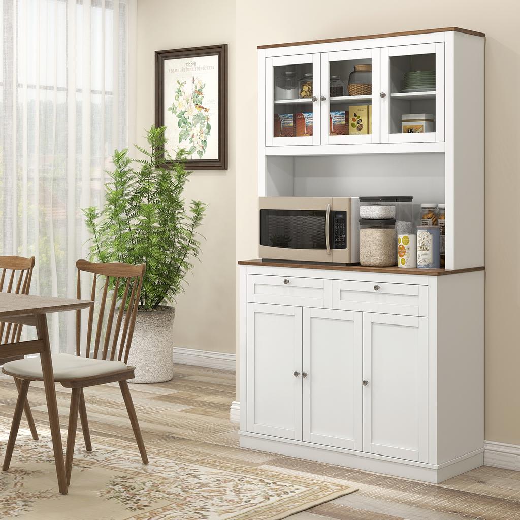Credenza da cucina alta, mobile da cucina, 6 ante, 2 cassetti, piano di lavoro, ripiani regolabili, 100x40x180cm, bianco