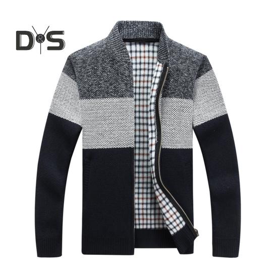 Мужской свитер, пальто, толстый плюш, цветные блоки, застежка-молния, воротник-стойка, трикотажная свободная, сохраняющая тепло куртка, осенне-зимний кардиган, верхняя одежда M темно-серого