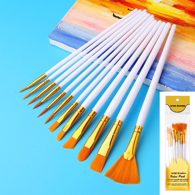 New 12Pcs Nylon Bristle Brush Set Flat Brushes Watercolor Oil Paint For Artists Amateur And Acrylic Paintings Fabric Brushes