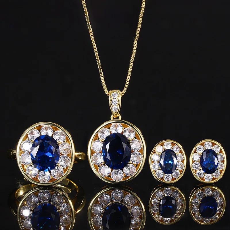 

Elegant Sapphire Blue Jewelry Adjustable Ring Necklace Earrings Gold Plated Vintage Perfect Gift for Women Wedding Accessories One size