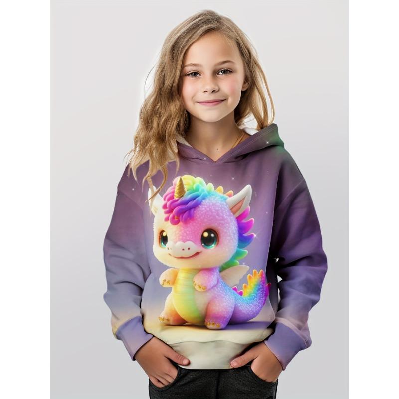 

Новая толстовка с капюшоном с милым принтом Rainbow Dino Graphic 3D для девочек, удобные толстовки с капюшоном для девочек, спортивная одежда на весну и осень для детей