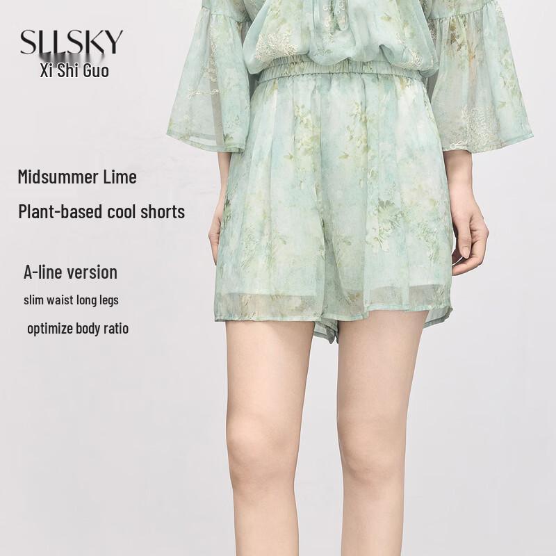 SLLSKY Women s Bohemian Green Floral High-Waist Shorts M
