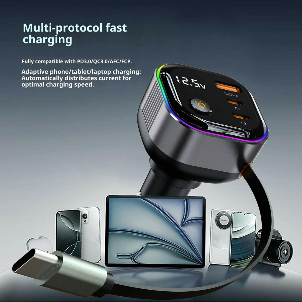 GE03 Voltage Display Car Charger with Retractable Cable and Ambient Light PD 65W Fast Charging Adapter