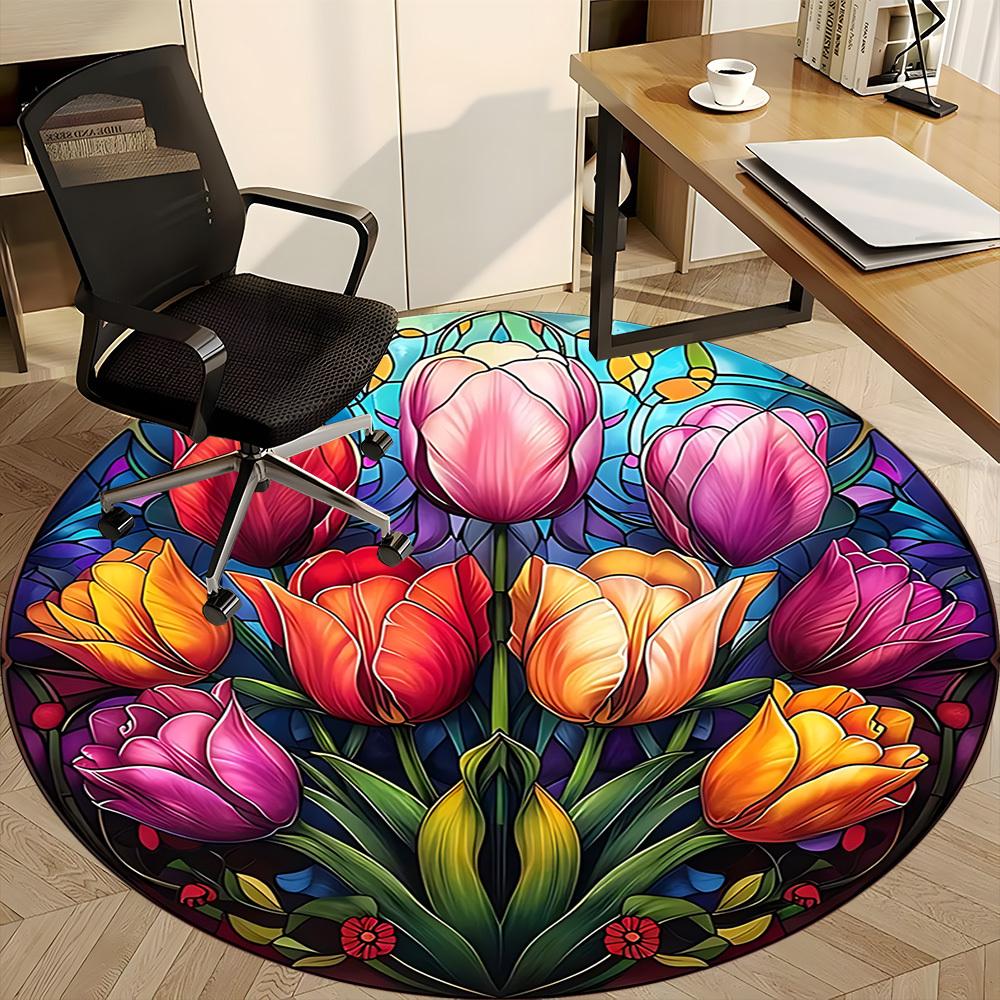 1pc Tulip StainedGlass Office Round Area Rug, Indoor Mat Suitable ForOffice, Under Office Chairs Bedroom Living Room Home Decor, D116