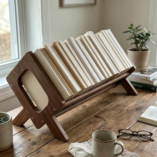 Yousheng Solid Wood Bookshelf, Desktop Book Rack with Triangular Support, Tilted Design Book Display Stand, Simple Book Storage Rack for Home Office
