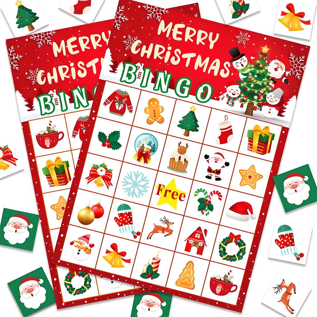 Cartes de jeu de bingo de Noël festives, ensemble de 24 pièces pour fête de vacances avec planches réutilisables - Amusant en famille pour la célébration de Noël et du Nouvel An