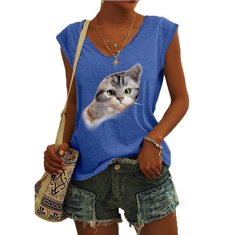 2023 Trendy Women's V-neck Print Cap Sleeve Loose T-shirt Top