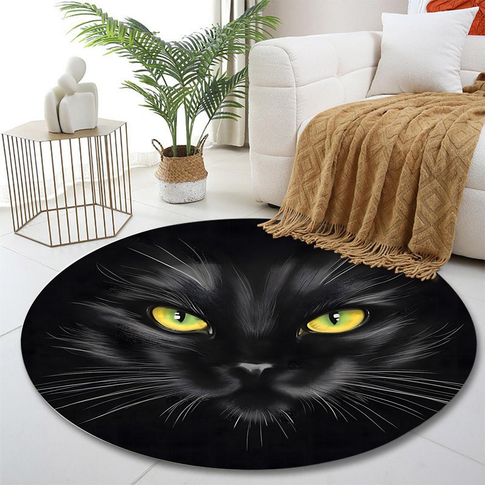 Black Cat with Piercing Yellow Eyes Print Round Rug, Living Room, Bedroom, Playroom Carpet, Non Slip Floor Mat, Gift