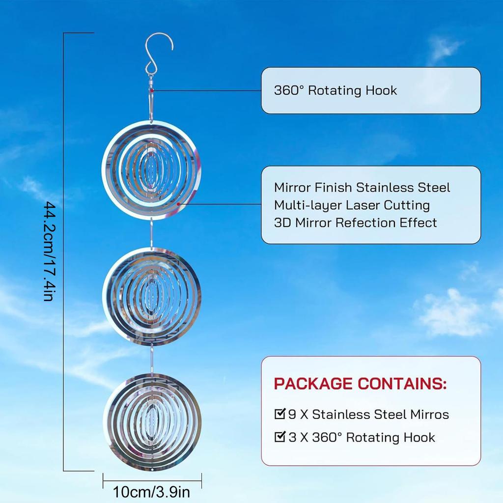 Bird Scare Devices 3D Mirror Round Wind Spinner 3D Mirror Bird Reflectors For Outdoor Garden Porch Patio Balcony Deck Window