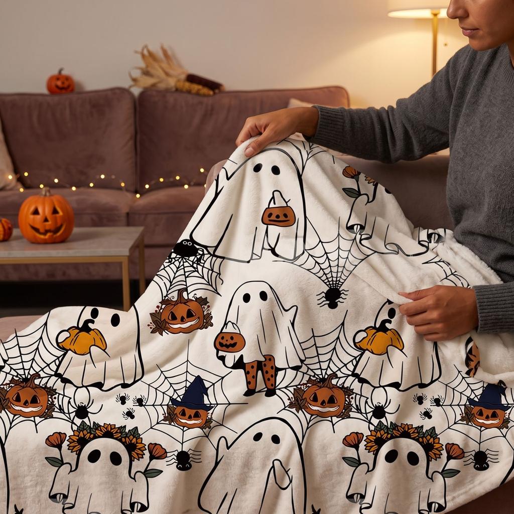 Halloween Flannel Throw Blanket with Pumpkin Pattern for Couch Sofa Bed Nap Cozy Cover