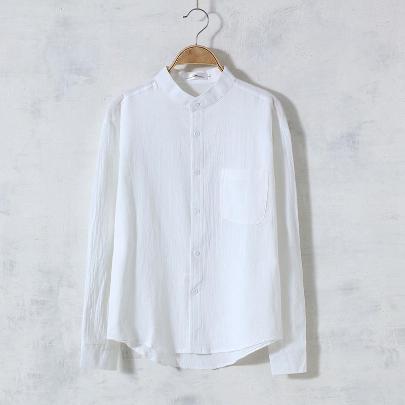 Men's Slim Fit Japanese Retro Linen-Cotton Shirt, Long Sleeve, Stand Collar, Casual All-Match Design.