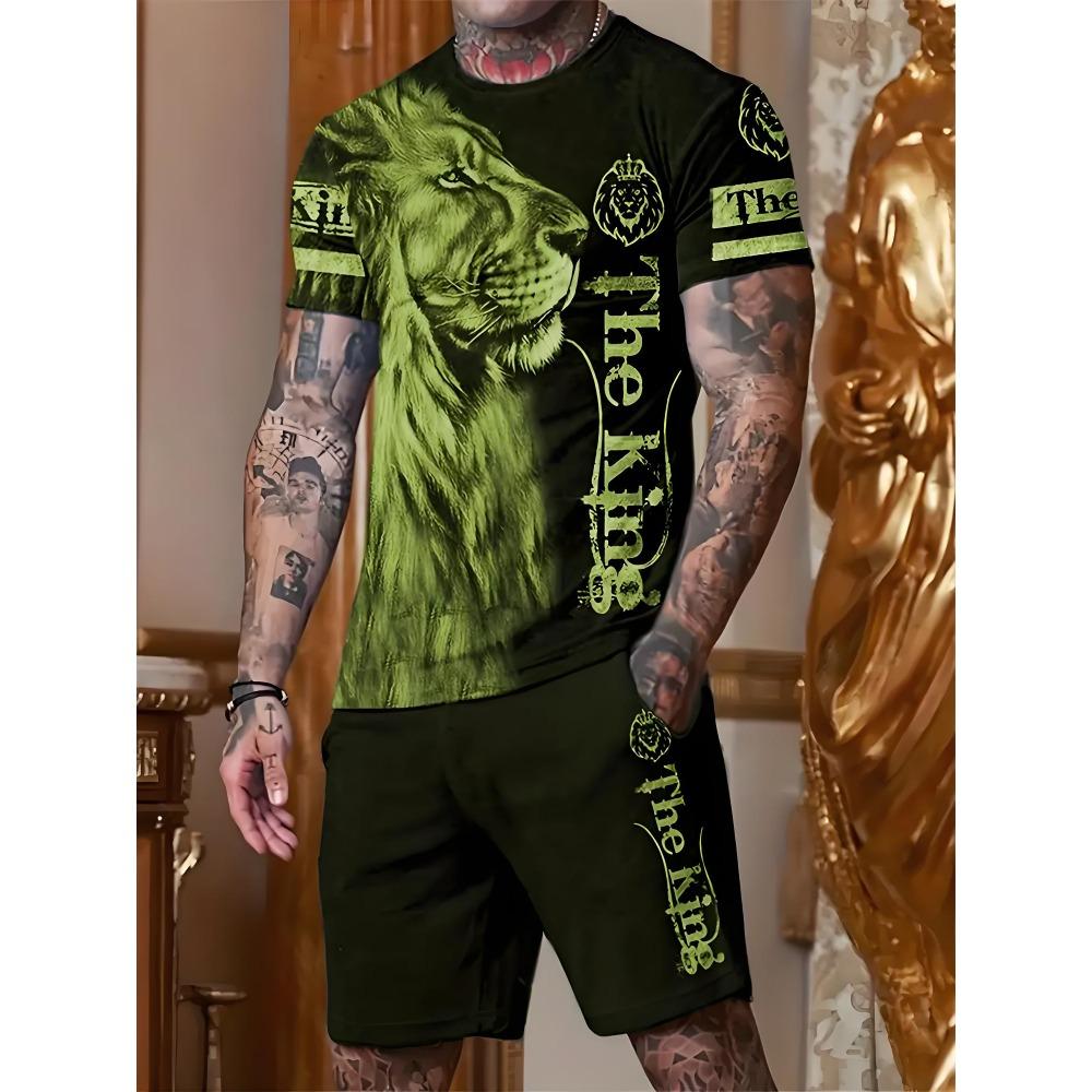Fashion Lion Pattern Shorts Short Sleeved Set Men's Quick Drying Sports T-shirt Drawstring Shorts Two-piece Set Men's T-shirt