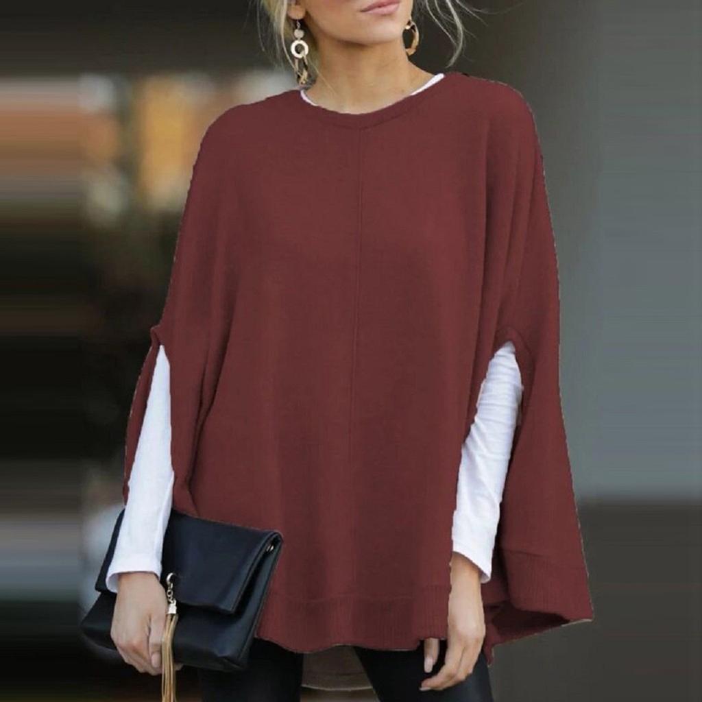 Women Fashion Solid Color Print Loose Hooded  Sleeve Splitter Long Sleeve Top