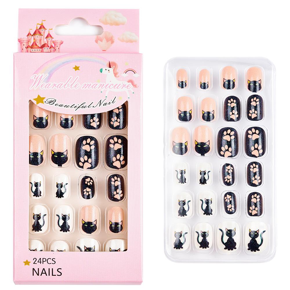 24pcs/box Candy Kids False Nail Cartoon Full Cover Press On Fake Nails Tips Kawaii Acrylic Artificial Fingernails for Girls
