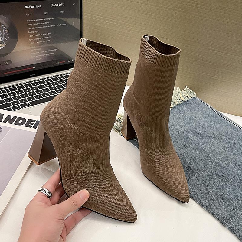 

Высокие каблуки толстый каблук короткие ботинки тонкие ботинки женские 2025 новые вязаные эластичные ботинки острый носок тонкие носки ботинки средней длины 42