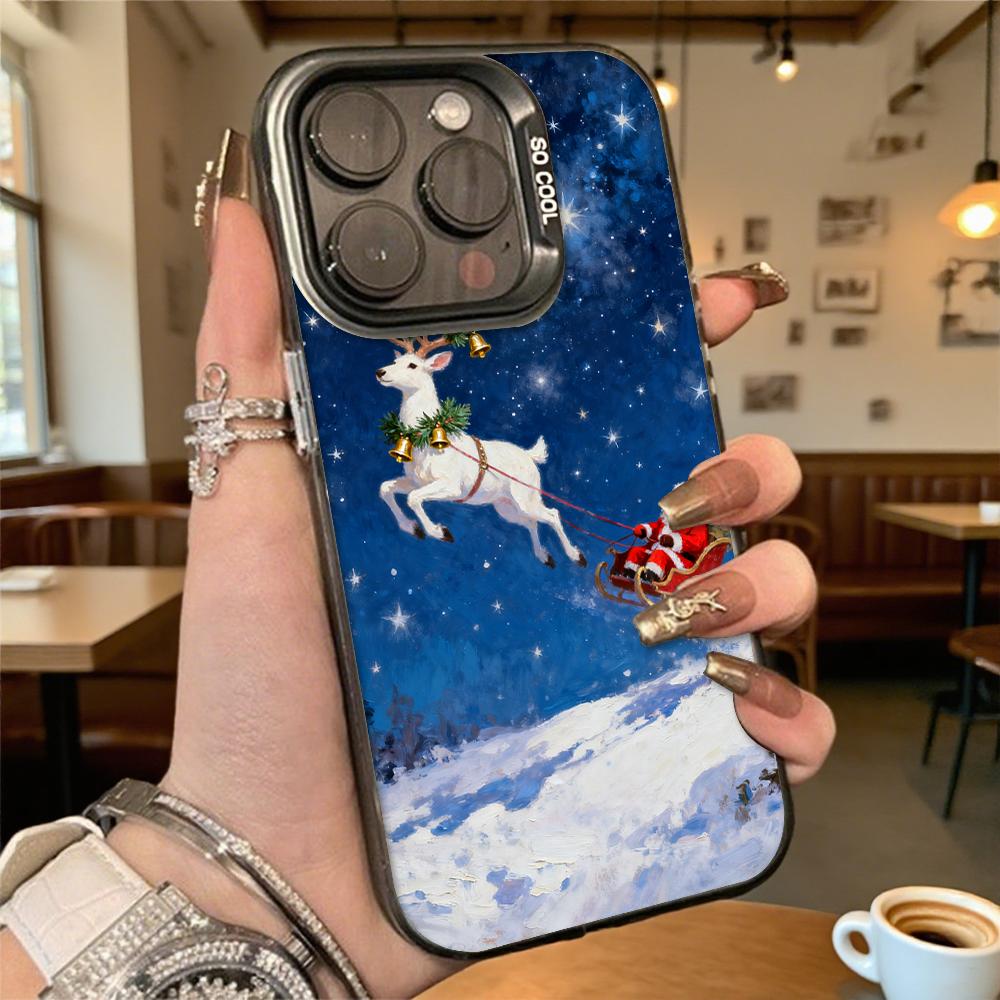 Santa Reindeer Sleigh In Snow Hard Phone Case for Iphone 16 15 14 13 12 11 Pro Max Mini Shockproof Anti-Scratch Protective Cover