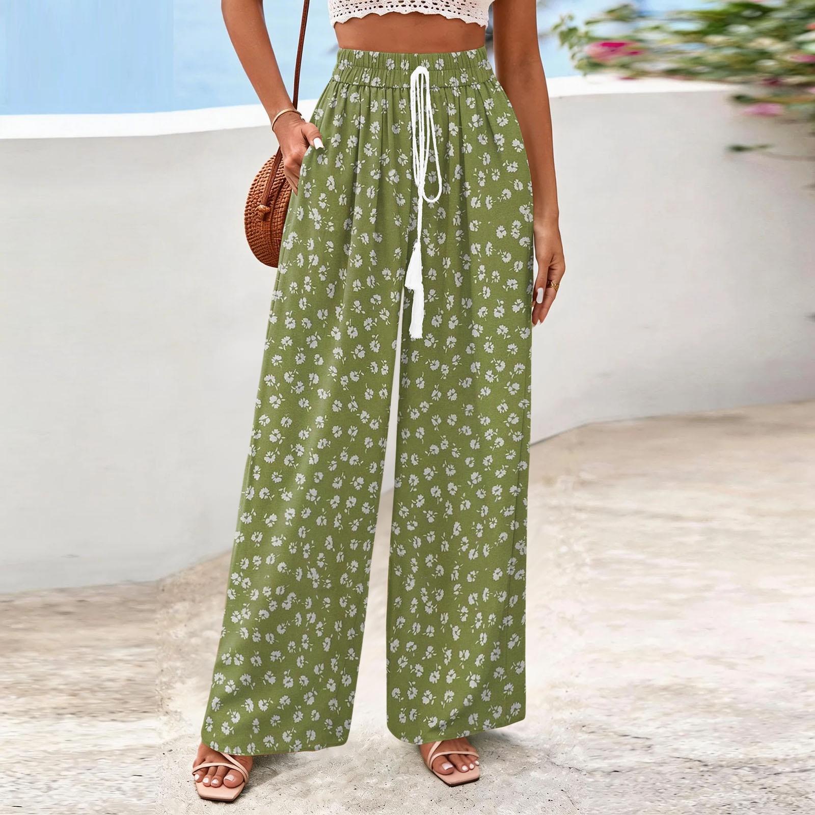 

Женские широкие повседневные струящиеся брюки с цветочным принтом L зелёный