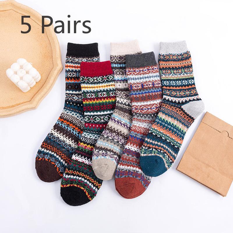 

5 пар женских осенне-зимних новых утолщенных теплых носков до середины икры в этническом стиле из кроличьей шерсти 5 Pairs