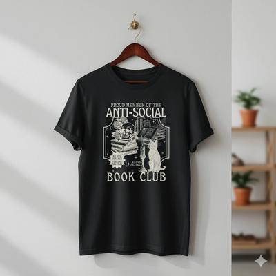 Anti-Sozialer Buchclub Grafik T-Shirt Schwarz Unisex Lesezeichen Tee - S138