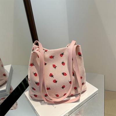 Large-capacity Bag Women's 2025 Summer New Corduroy Strawberry Print Going Out Versatile Shoulder Bag Commuter Tote Bag