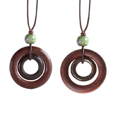 Vintage Holz Runde Ring Anhänger Halskette Halskette Lange Pulloverkette
