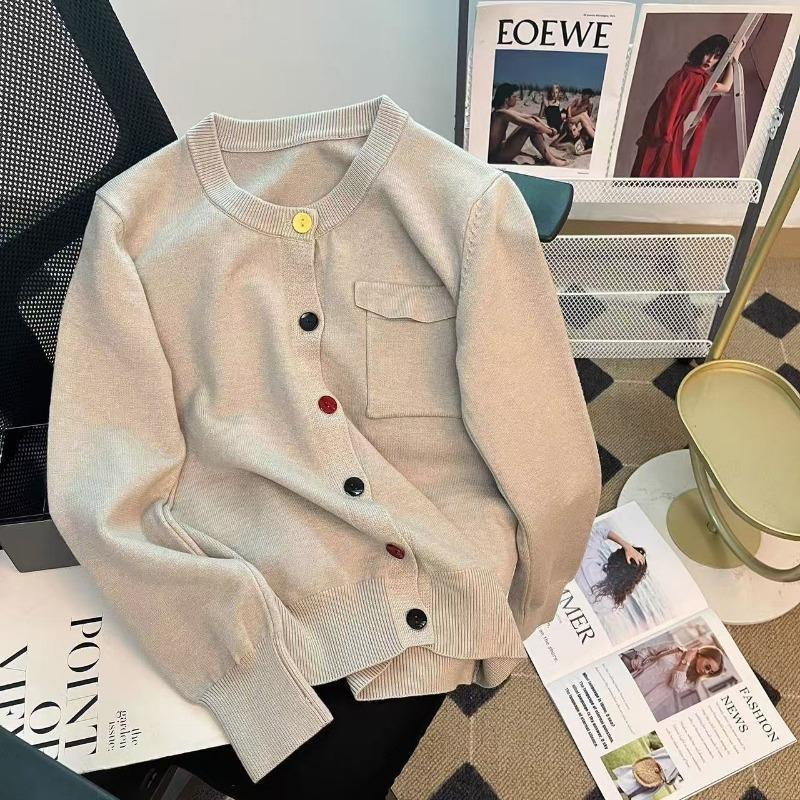 

Wasteland wind age reduction color buckle knitted cardigan women s clothing autumn fashion versatile outerwear sweater jacket S хакі