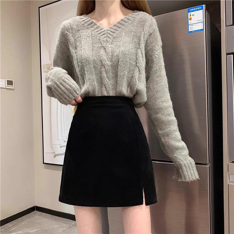 Women's High Waist Corduroy A-line Slit Bodycon Midi Skirt for Autumn/Winter