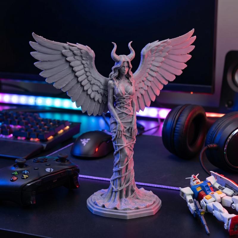 White Horned Angel 3D Print Statue Hand Carved Wings Art Piece for Home Office Thanksgiving Gift