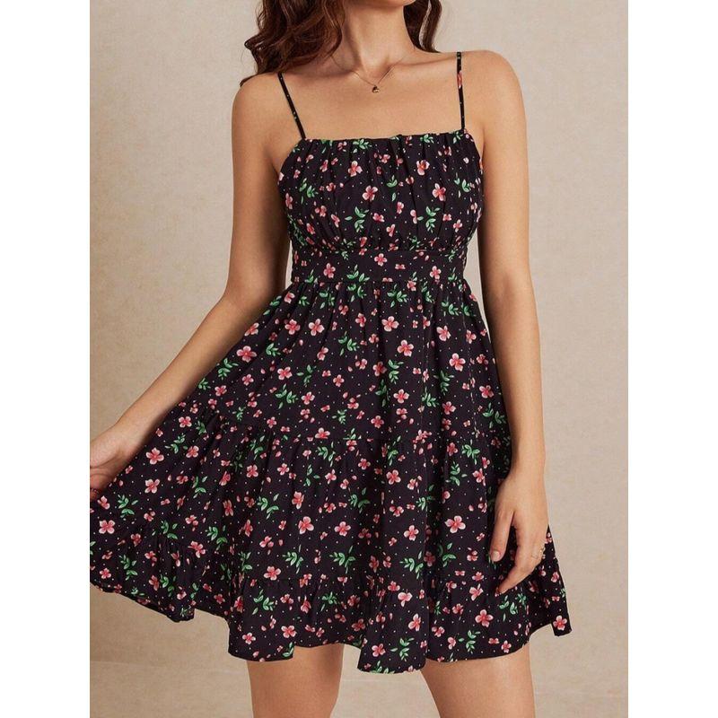 European American Summer New Fashion off-Neck Open Back Floral Strap Silm Small Ruffles Dress Dress