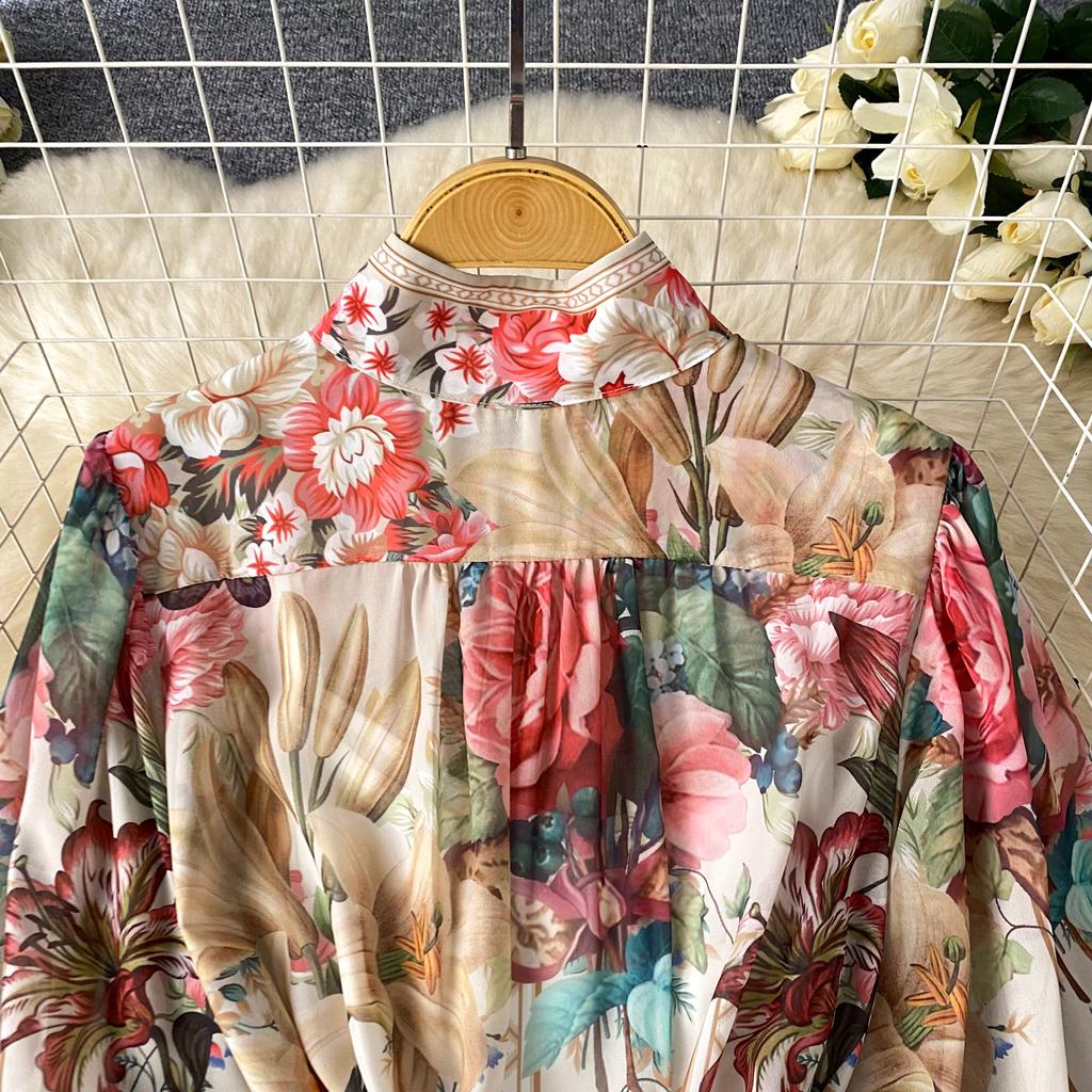 French Vintage Print One Piece Dress Women Lantern Sleeve Single Breasted Ladies Dresses Princess Lace Up Design Clothes