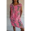 Women's Spring and Summer Casual Printing Round Neck Pocket Beach Skirt Dress