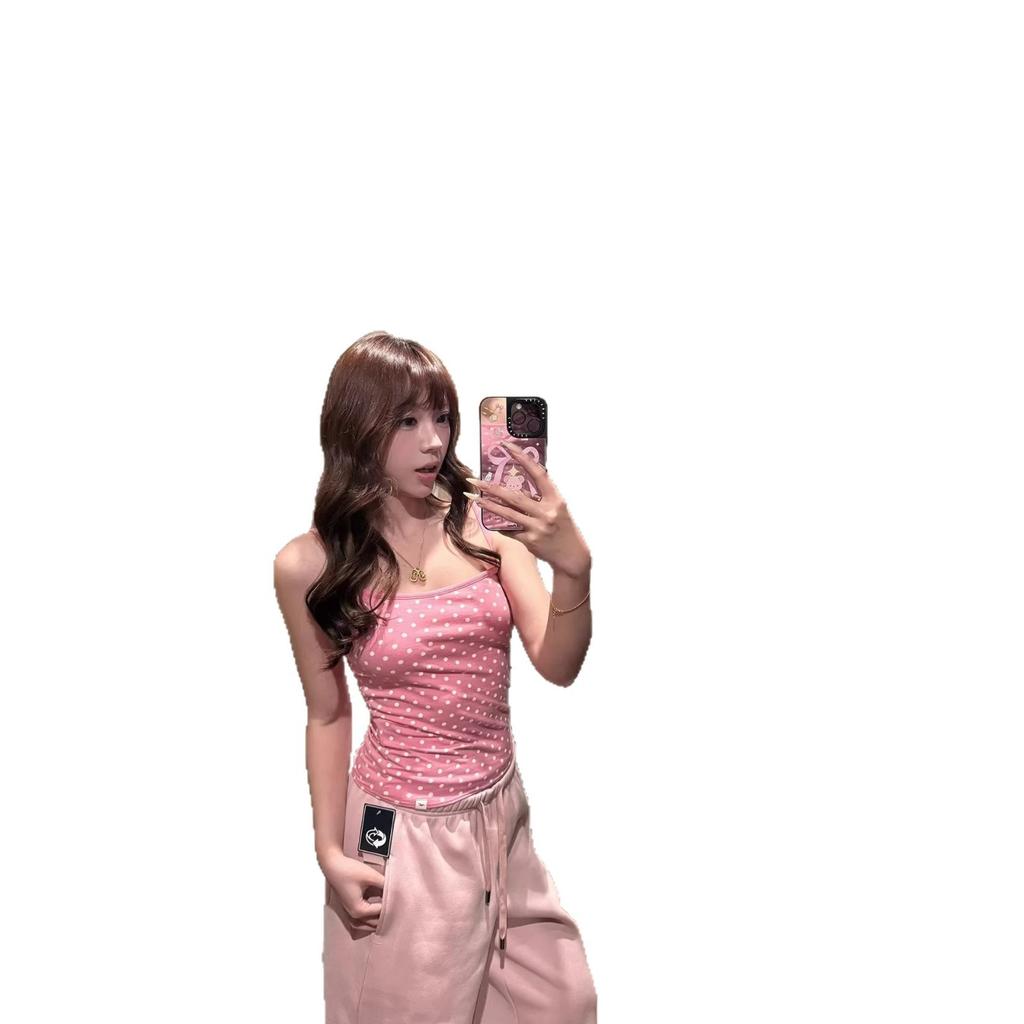 Sweet Spice Girl Pink Polka Dot Small Suspender Vest Women's Summer New Slim Skinny Versatile Good-looking Top Trend