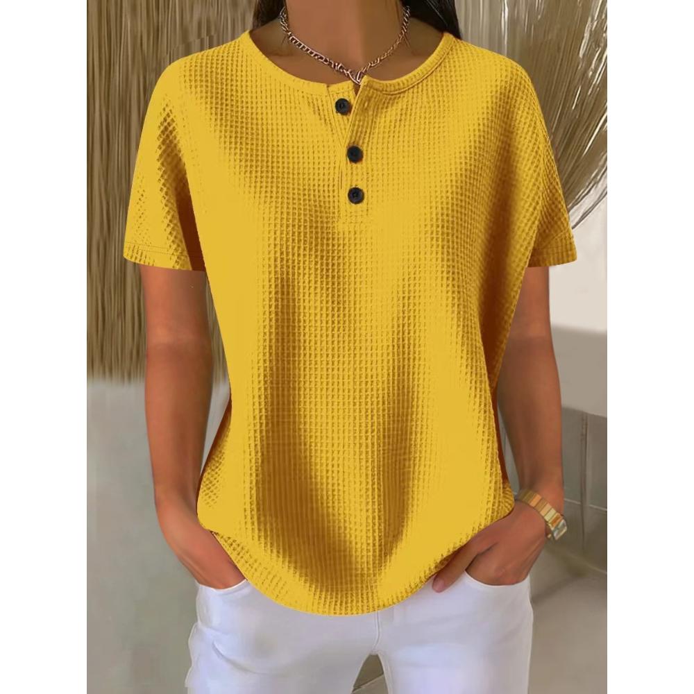 Fashion Crew Neck Waffle Solid Color Pullover Short Sleeve Casual T-Shirts Women’s