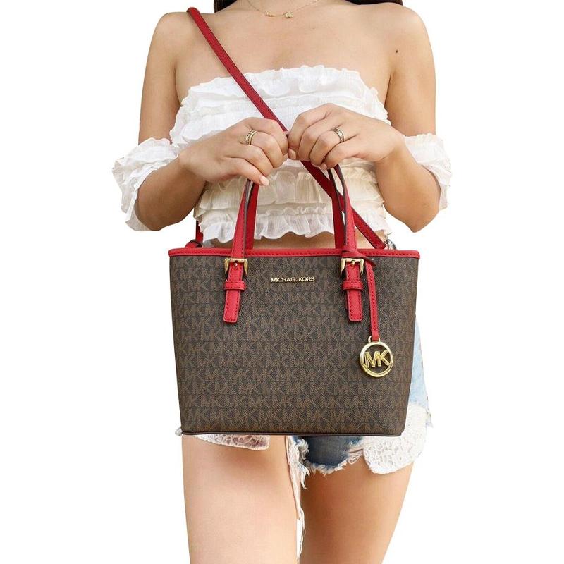Michael Kors Mk Jet Set Borsa a Tote in Pelle con Logo da Donna Borse a Tote Marrone Scuro Rosso Fuoco 35T9GTVT0B-FLAME