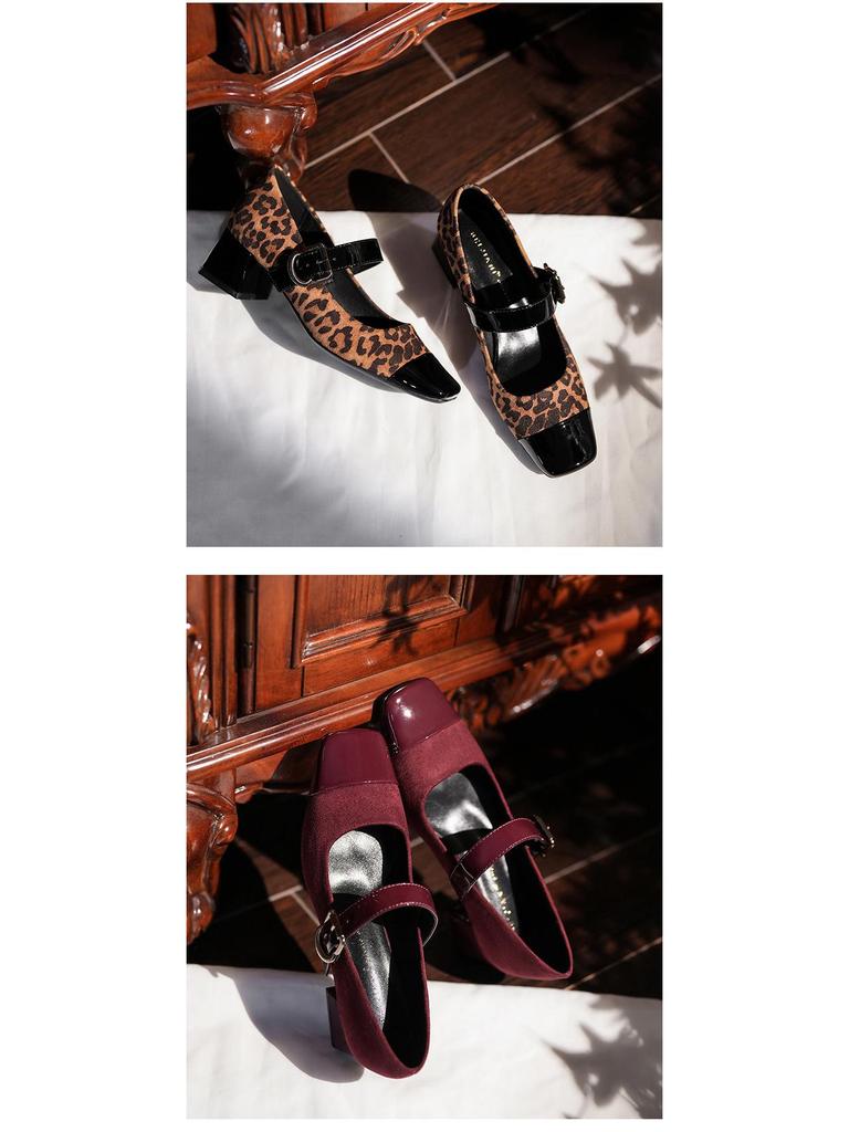 Leopard Print Cashmere Patchwork Square Toe Chunky Heel Mary Jane Shoes with Ankle Strap for Women - Spring/Autumn Retro Style.