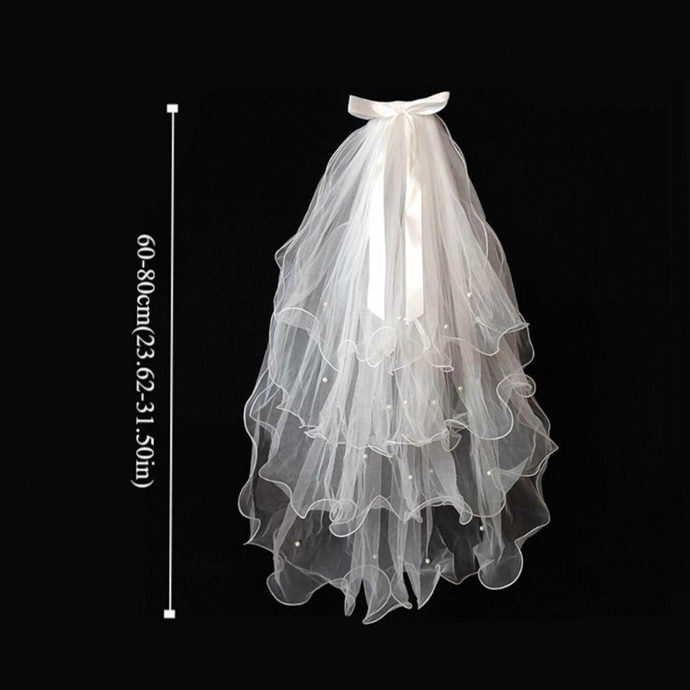 Pearl Bow Ribbon Bridal Veil Four-layer Bride Head Gauze New Wedding Veils  Wedding Accessories