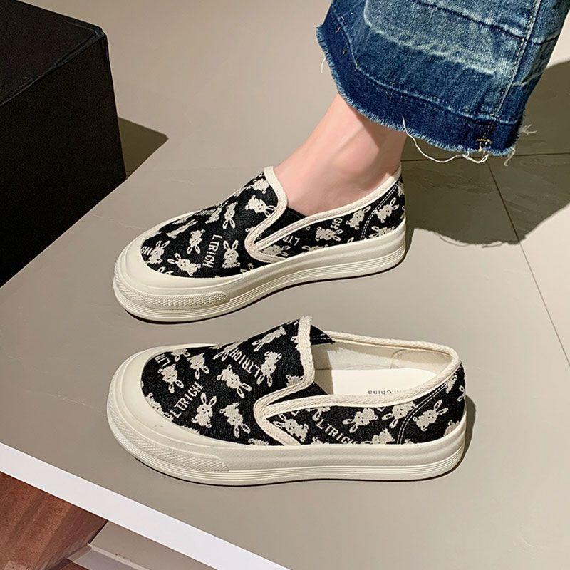 Loafers Cloth Shoes Women's Summer Breathable One-pedal Casual Shallow Mouth Flat-soled Canvas Shoes Women's Lazy Thick Baseplate Shoes