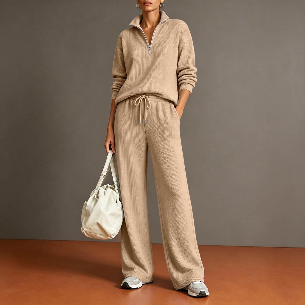 Women's Casual Half Zip Pullover Sweater and Wide Leg Pants Two Piece Set Lightweight Knit Loungewear Tracksuit for Everyday Wear