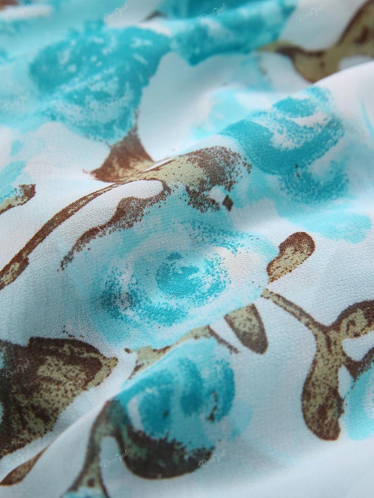 Rosegal Plus Size Rose Flower Print Mesh Ruffles Crystal Buckle Ribbed Textured Flare Sleeve 2 In 1 Top