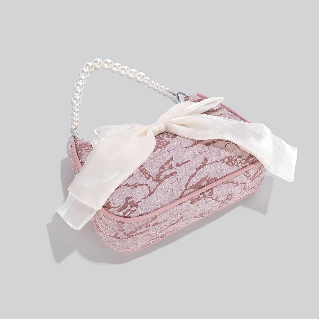 Women's Pearl Chain Handbag Fashion Light Luxury Texture Fairy Bow Crossbody Bag  Trend Soft Shoulder Underarm Pack Female