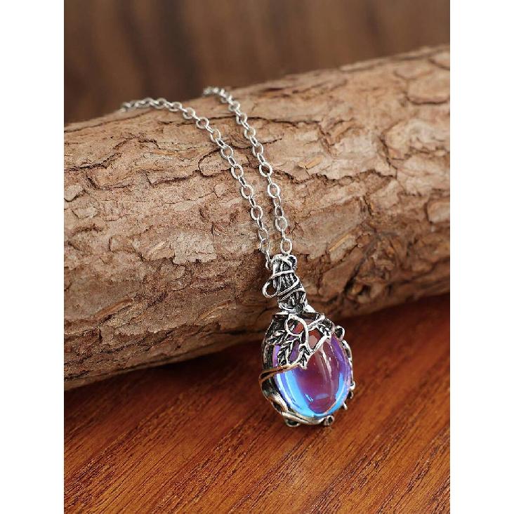 1pc Thorn Vine Moonstone Imitation Necklace, Vintage Distressed Blue Iridescent Water Drop Pendant