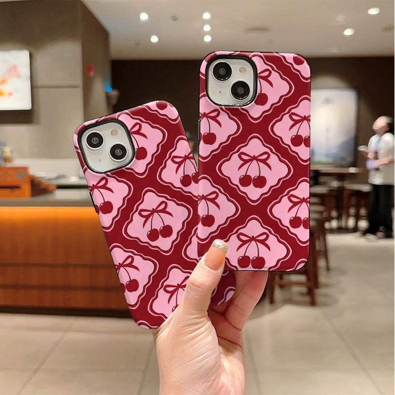 Cute Y2K Sweet Coquette Geometric Red Pink Cherry Bow Pattern Film Art Aesthetic Protective Shockproof Bumper Case For iPhone 14 15 16 Pro Max Plus