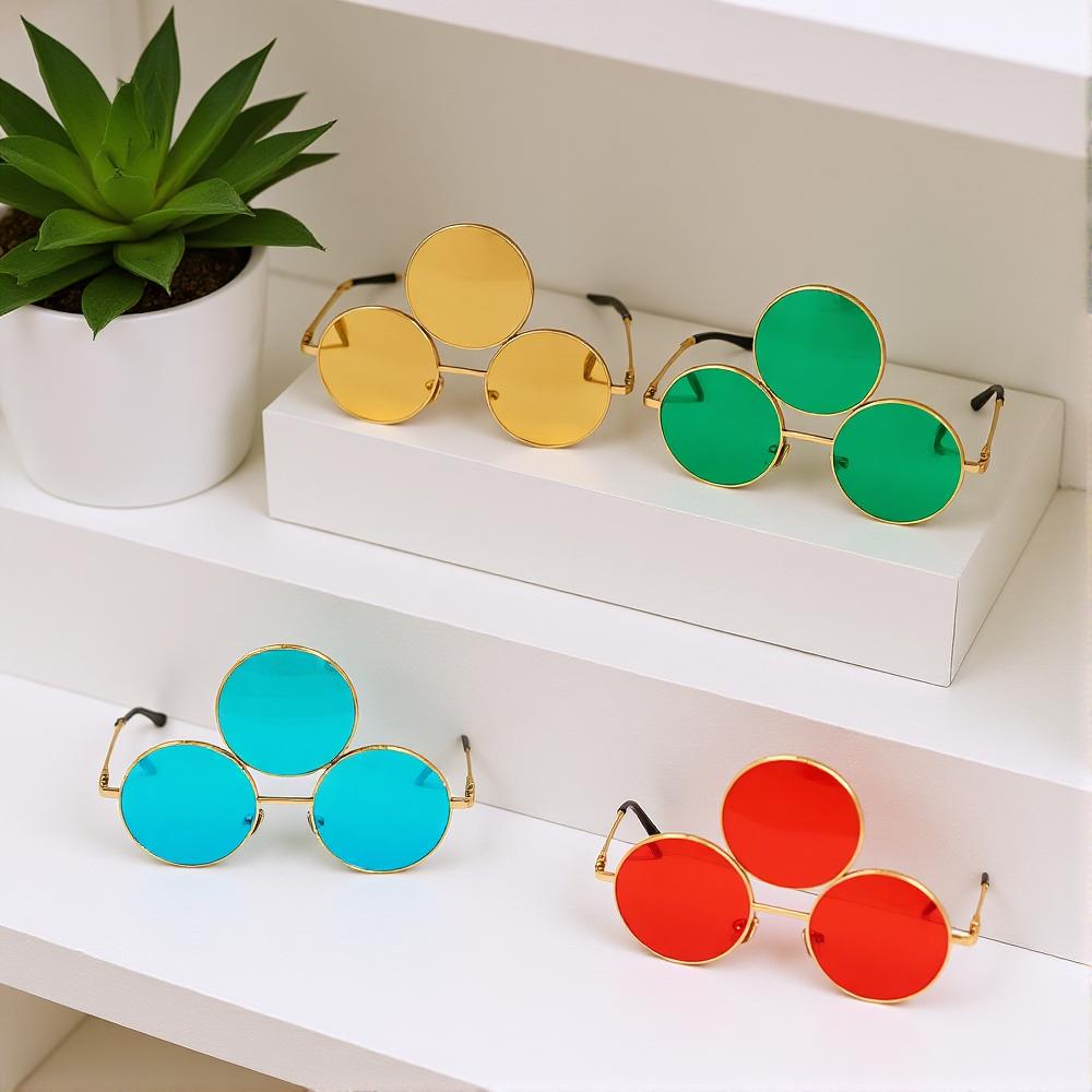 Round Glasses Funny Eyewear Party Decoration 3 Lenses Gold Rim Sunglasses For Trendy Individuals Fashion Events Outdoor