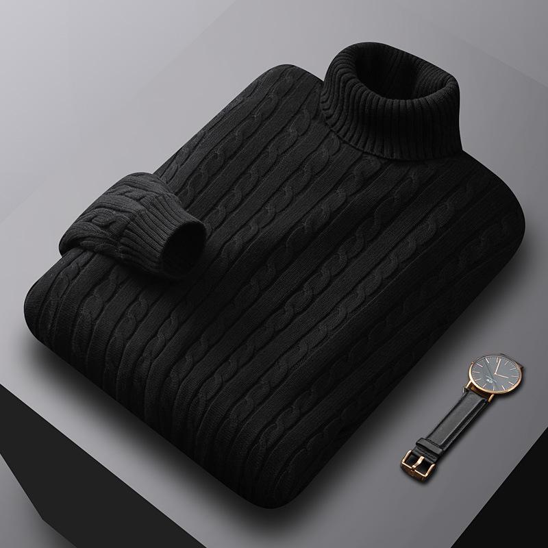Men's Luxury All-Cotton Knitted Pullover - Thick, Solid Color, Velvet-Lined Cable Knit for Autumn and Winter