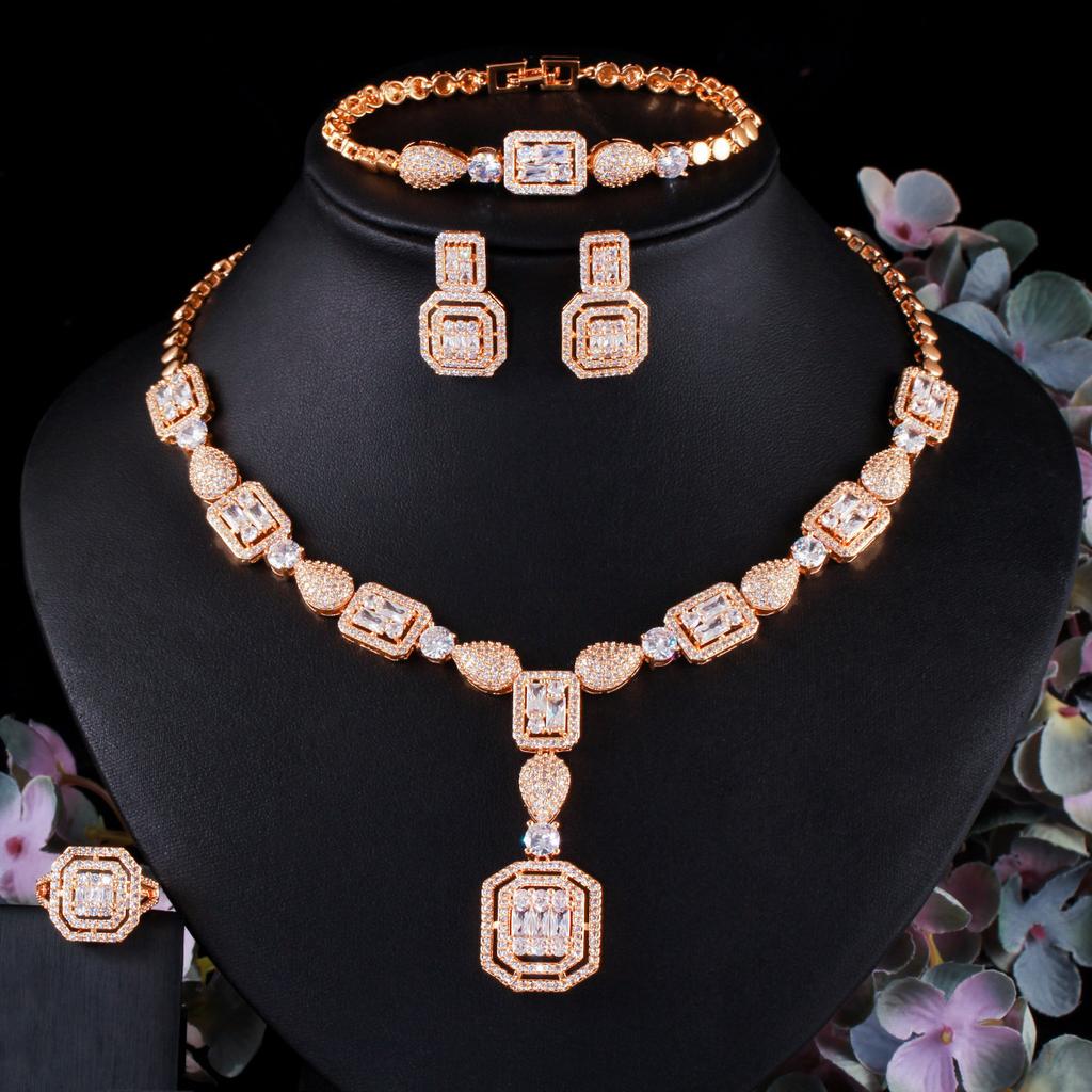 Bridal Wedding Necklace, Earrings, Rings, Bracelets, Zircon Set, Wedding Dress Accessories, Square Zircon Four-Piece Set.